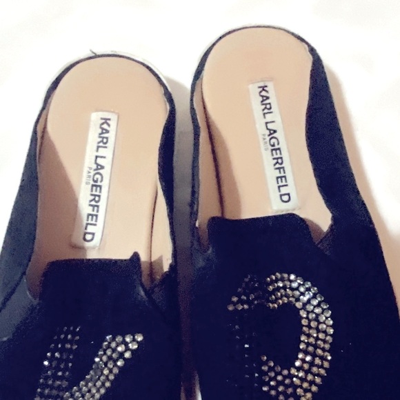 Karl Lagerfeld Black Rhinestone Slip On Slides Shoes - Picture 3 of 5